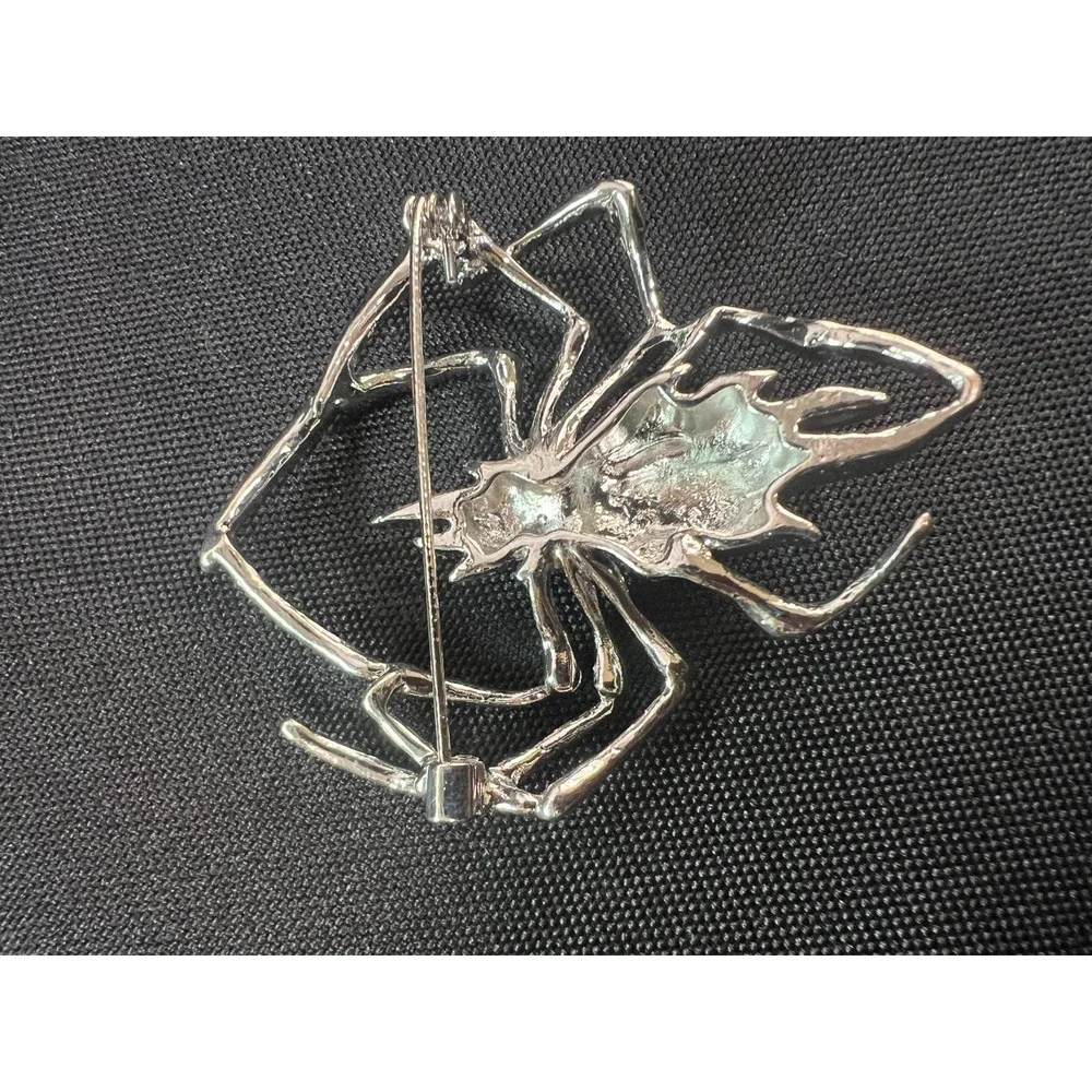 Large Silver‎ Tone Spider Brooch Clear Rhinestone Statement Halloween Gothic